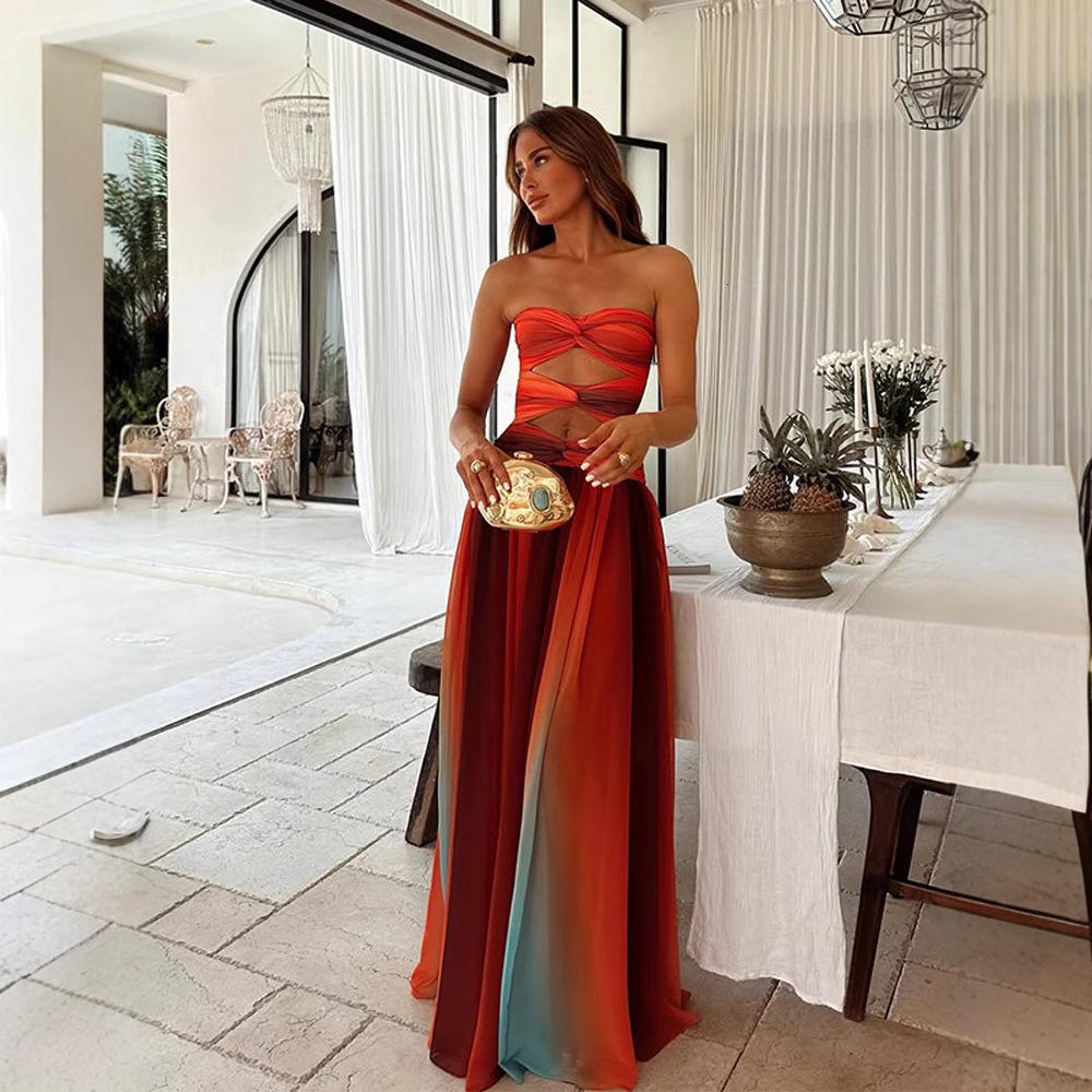 2025 European and American hot selling strapless hollow out vacation beach cross fashion sleeveless dress, new designer dress