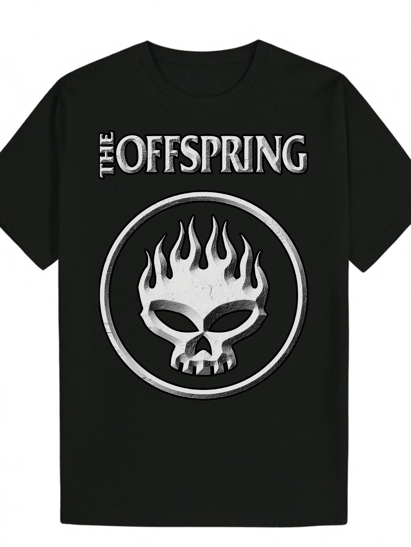 Men's Summer Crew Neck Polyester with Skull and Flame Pattern, 'The Offspring' Logo, Casual Black T-Shirt, Band T-Shirt