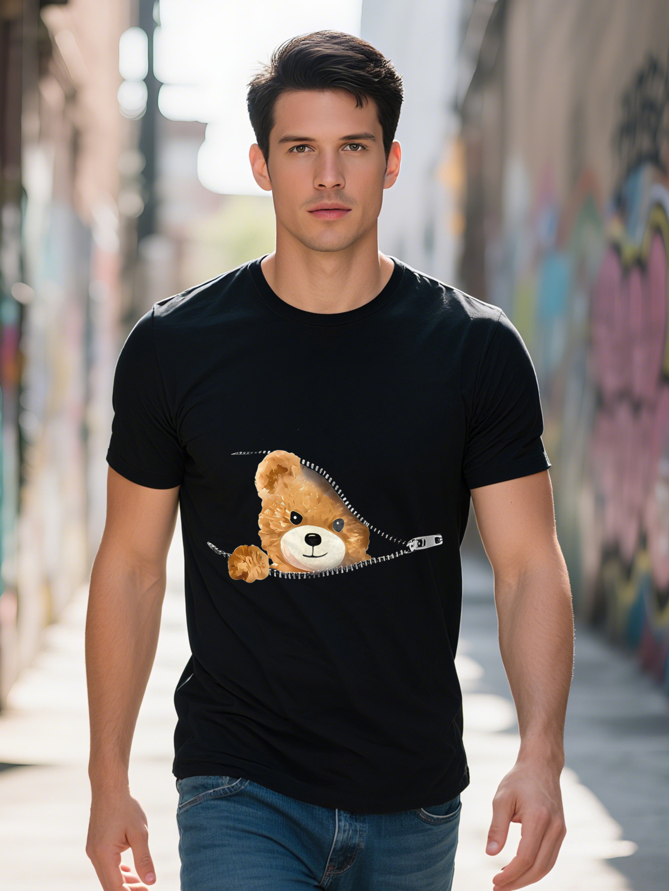 Men s Summer Fashion with D Cartoon Bear Print Soft Polyester Micro Elastic Round Neck Short Sleeve Sporty T-Shirt 1d28b