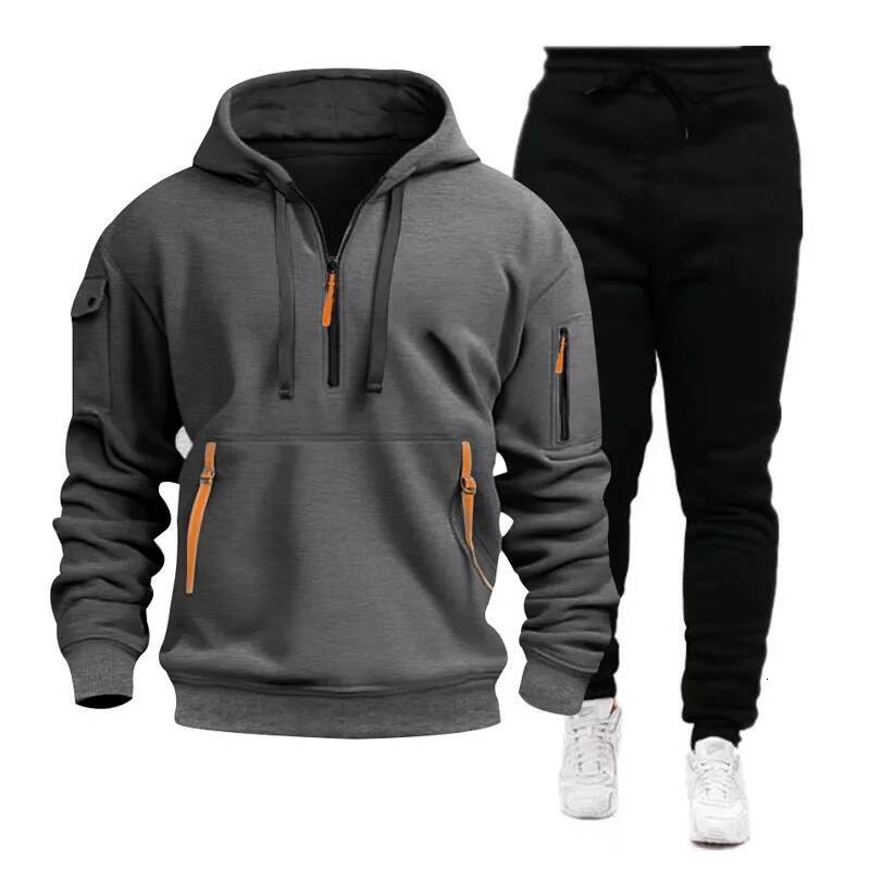 2024 Cross-border Sports Sweater Men's Multi-Pocket Zipper Hoodie Sweatpants Set