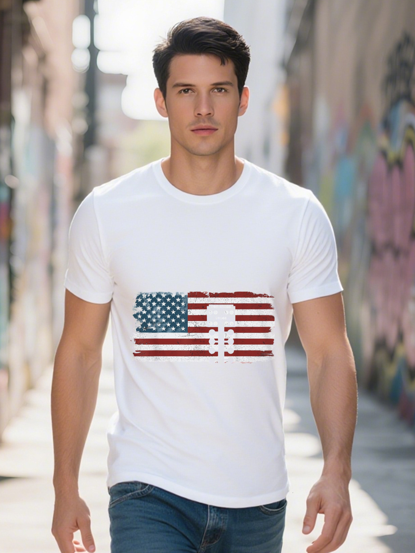 Men's Casual Crew Neck T-Shirt Cotton Geometric American Flag Pattern Short Sleeve Regular Fit All Season 8d8c9