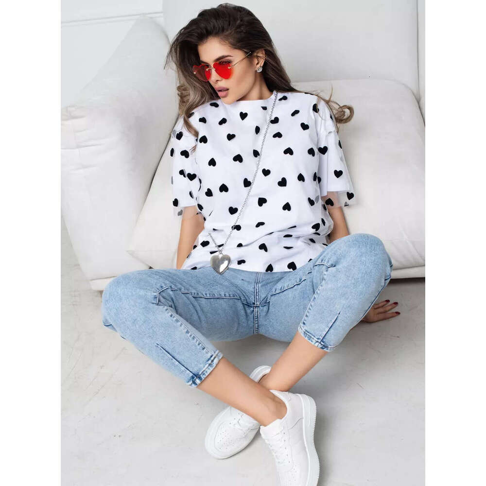 New Style Sexy Women's Heart Mesh Patchwork Loose Basic Round Neck Short Sleeve T-Shirt B5 b7