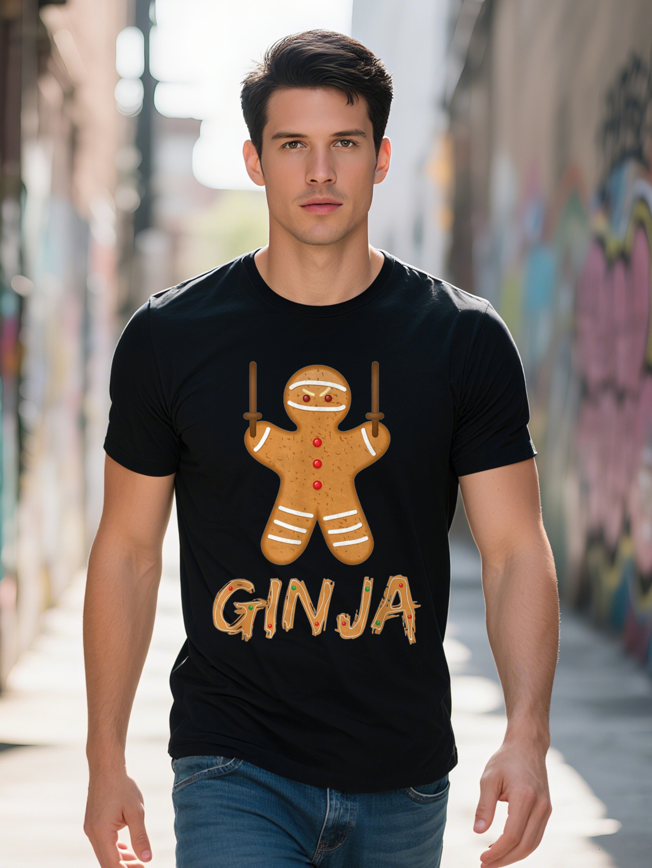 Men s Ginger Gingerbread Christmas Cartoon T-Shirt Cotton Short Sleeve Fun Holiday Design Casual 72103