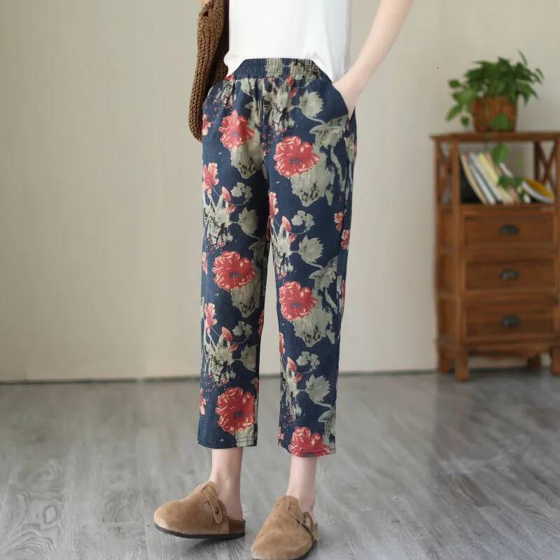 1pcs Spring Summer Women Cotton Comfort Breathable Pants Female Grid Flower Print Casual Loose Lady Haren Straight Leg Pant dongdumaoyi