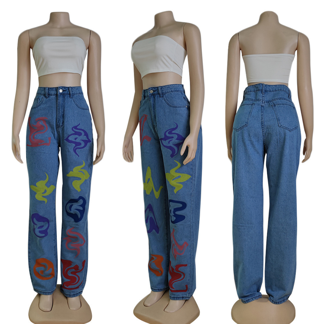 J2683 womens casual versatile denim high waisted blue washed pants jeans 4 colors