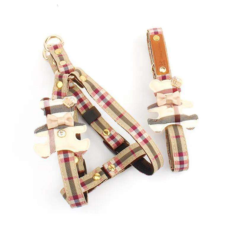 Designer Sets Classic Plaid Bow Teddy Collar Dog Walking Rope Chain For Small Medium Pet Harness Suit Leash Set S Free shipping