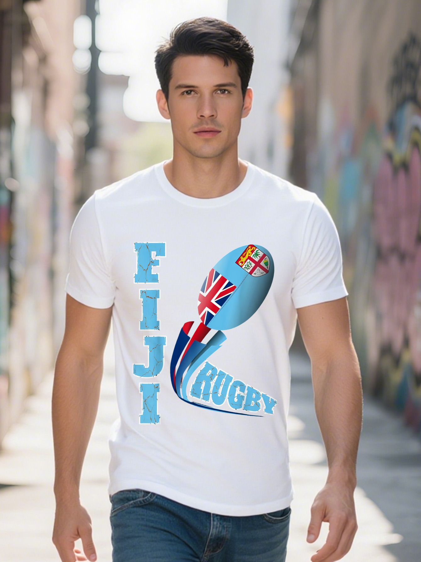 Fiji Rugby Fan Distressed Marbled Text Full Graphic T Shirt 5b66b