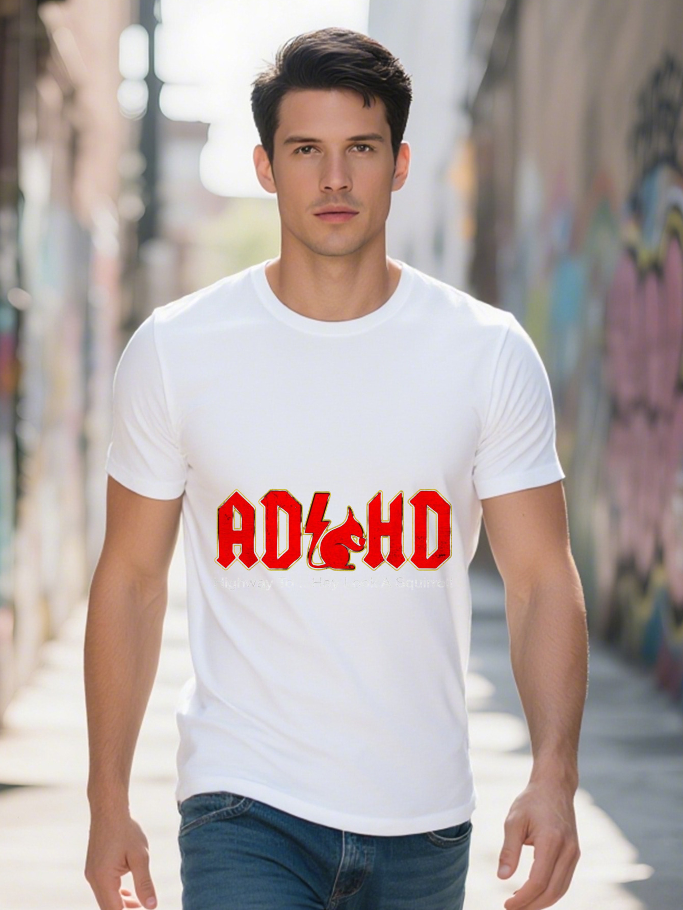 Men s ADHD Graphic T Shirt Cotton Black Tee with Highway to Hey Look a Design Short Sleeve Lightweight e7643