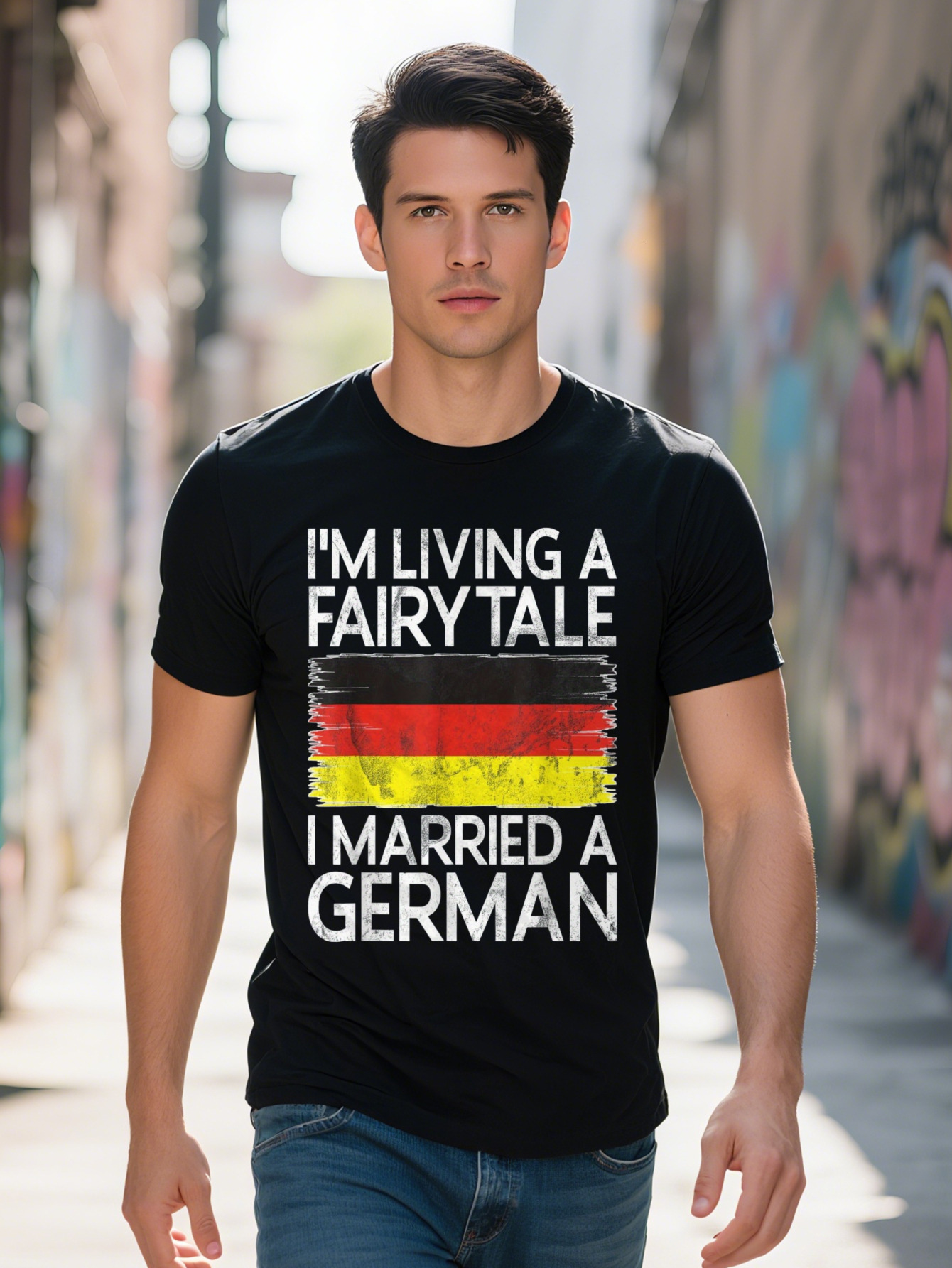 Men s m Living Fairytale I Married a Graphic T-Shirt Distressed German Flag Black Casual Short Sleeve Tee Regular ac70a ddb0e