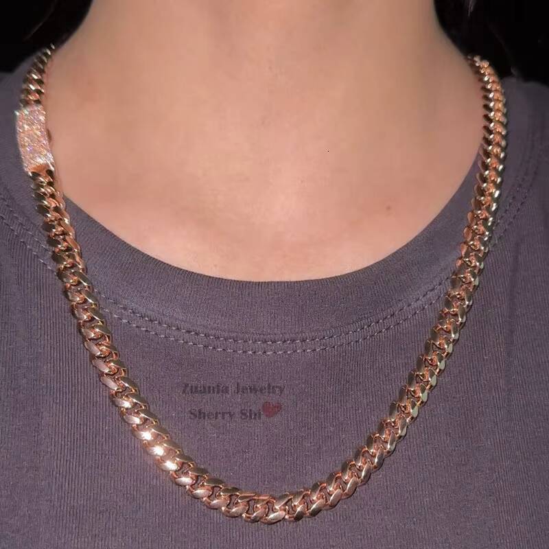 Zuanfa Jewelry Sterling Silver 925 Plain Cuban Necklace Iced Out 8MM Rose Gold Name Cuban Chain