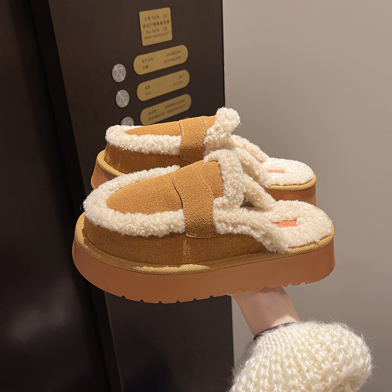 Plus-size Women's Half-Slip-on Enclosed-Toe Cotton Slippers with Thick Soles Lined Non-Slip Warm and Cozy for Home Use Styles for Autumn and Wint