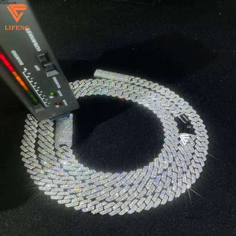 Custom White Gold Plated Sterling Sier 12mm Cuban Link Chain Iced Out VVS Moissanite Dia Necklace Hip Hop Men Jewelry