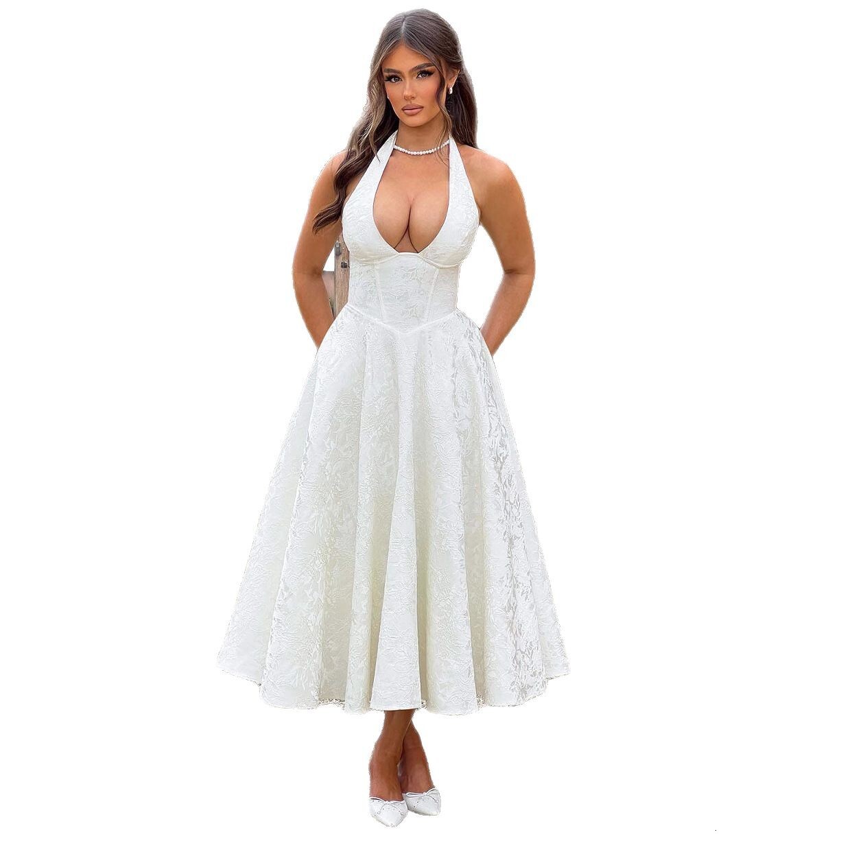 2025 European and American new V-neck camisole sleeveless jacquard tie waist vacation style dress high-end formal fashion trend in stock new designer 