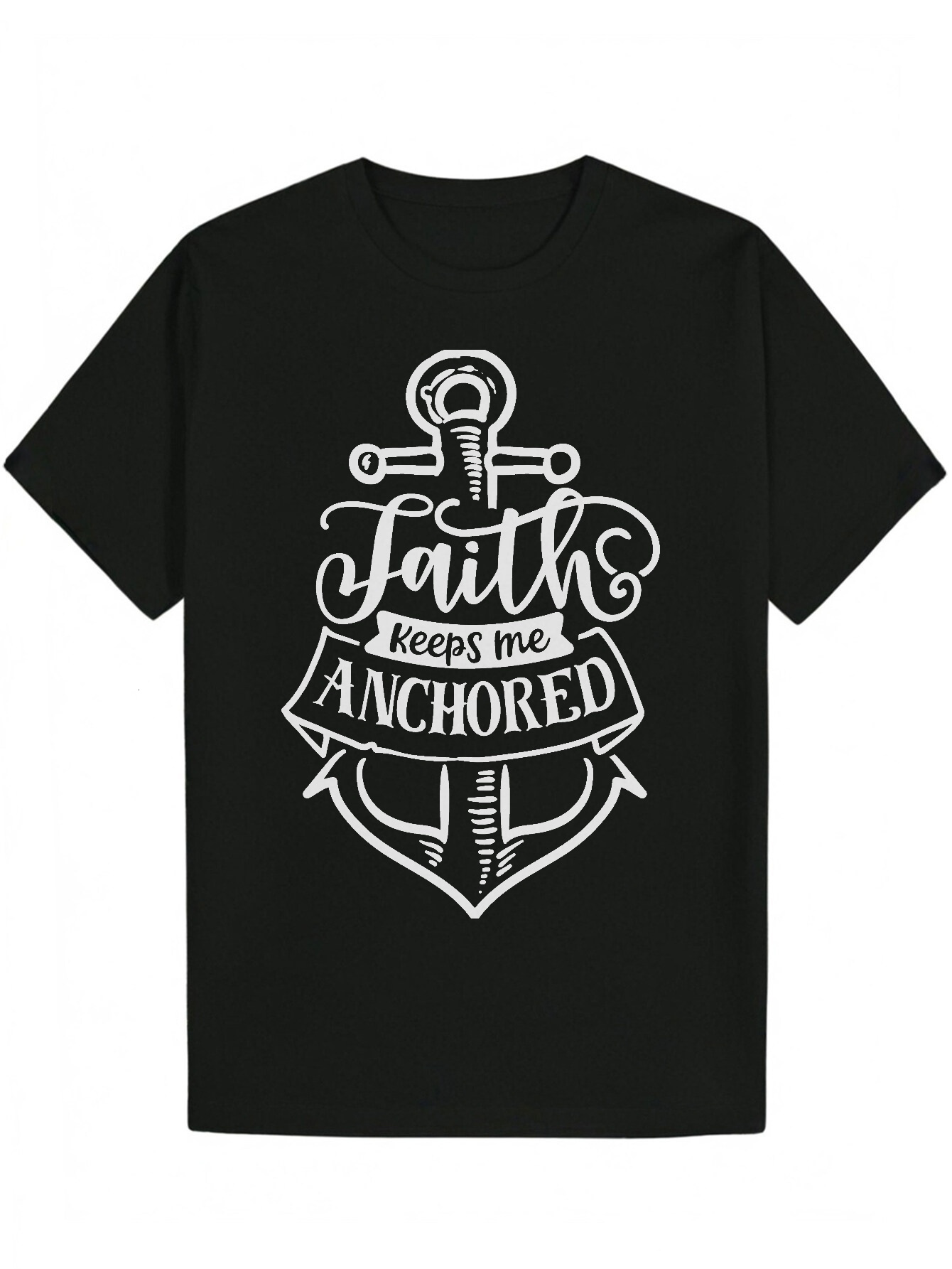 Men's 'Faith Anchors Me' - Black Summer with Cross Sword Design, Crew Neck, Short Sleeve, Polyester Fabric, Casual Wear Bold Graphic T-