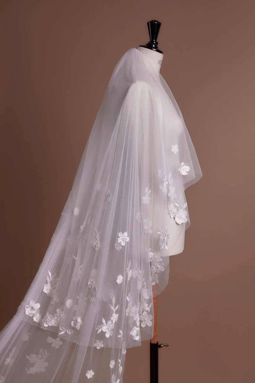 Gorgeous wedding Veil Two Layer Cathedral Length Tulle Bridal Veils 3D Appliques Wedding Accessories Customized