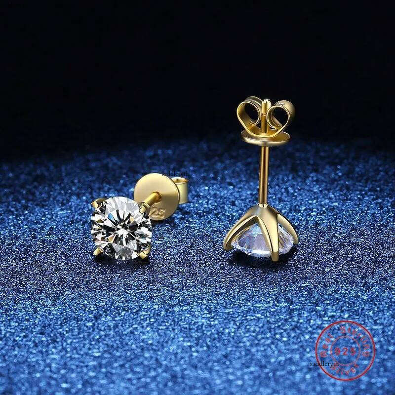 Women Fine Jewelry Solitaire Classical 4 Claw Real 100% Sterling Sier Gold Fill Round Cut White Moissanite Dia Party Lady Stud Earring Gift