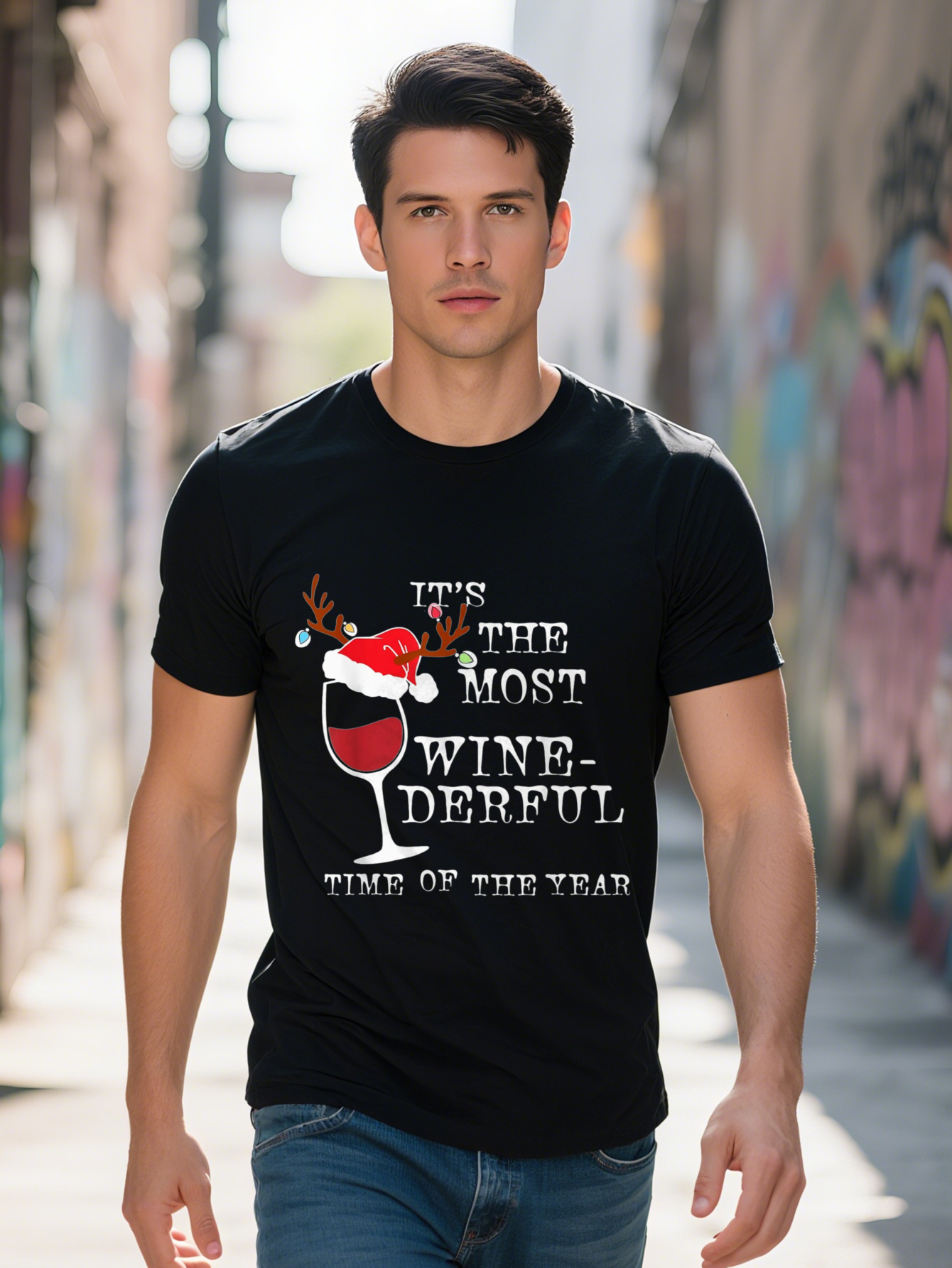 Men's It's Most Wine-famerful Time of the Year Christmas - Casual Black with Wine Glass Print, Short Sleeve, Machine Washable, Year-round Ts