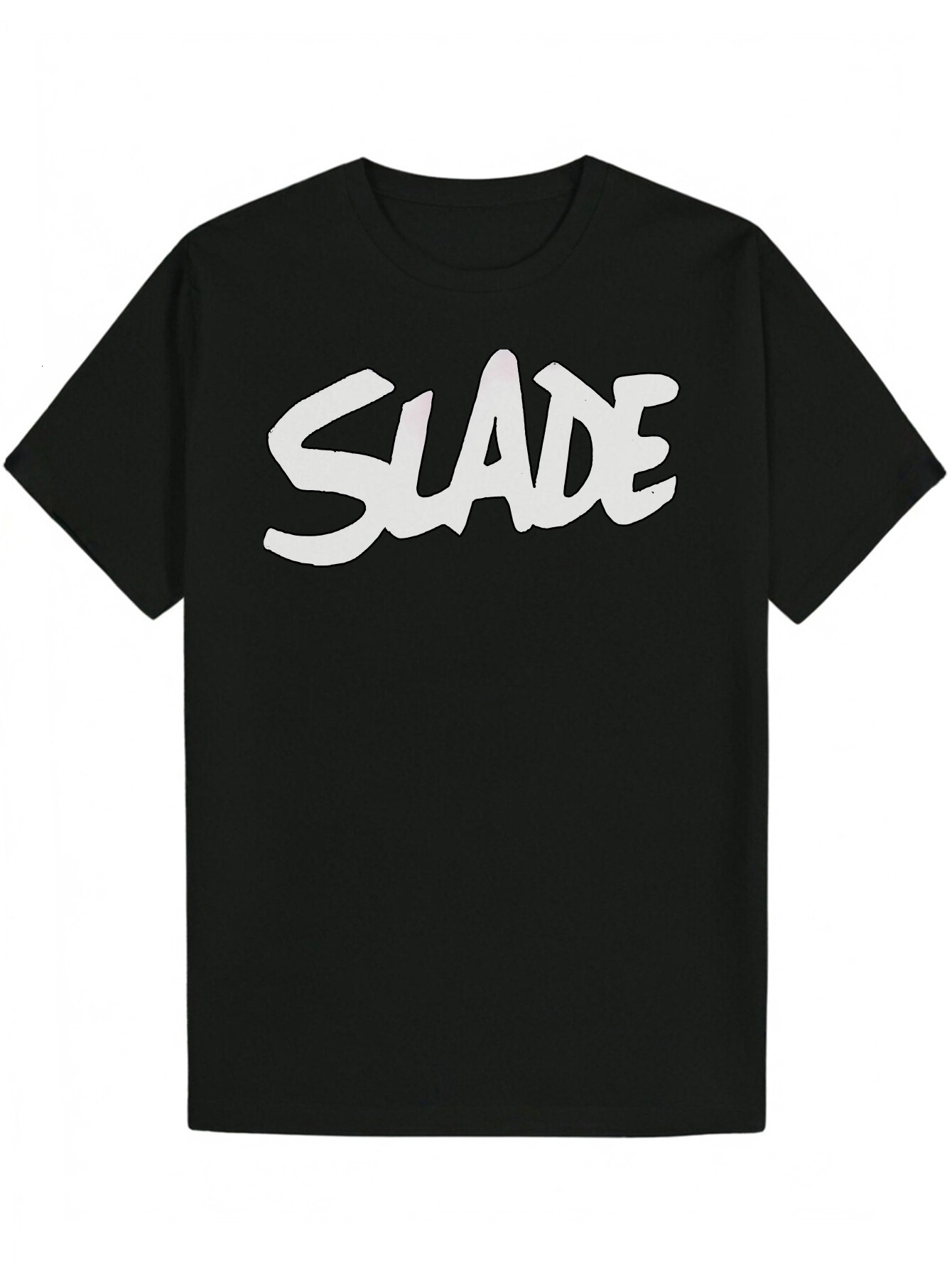 Men's Heavyweight Casual Black Crew Neck T-Shirt with Bold White 'SLADE' Lettering, Breathable Polyester Shirt, Suitable for Daily and 