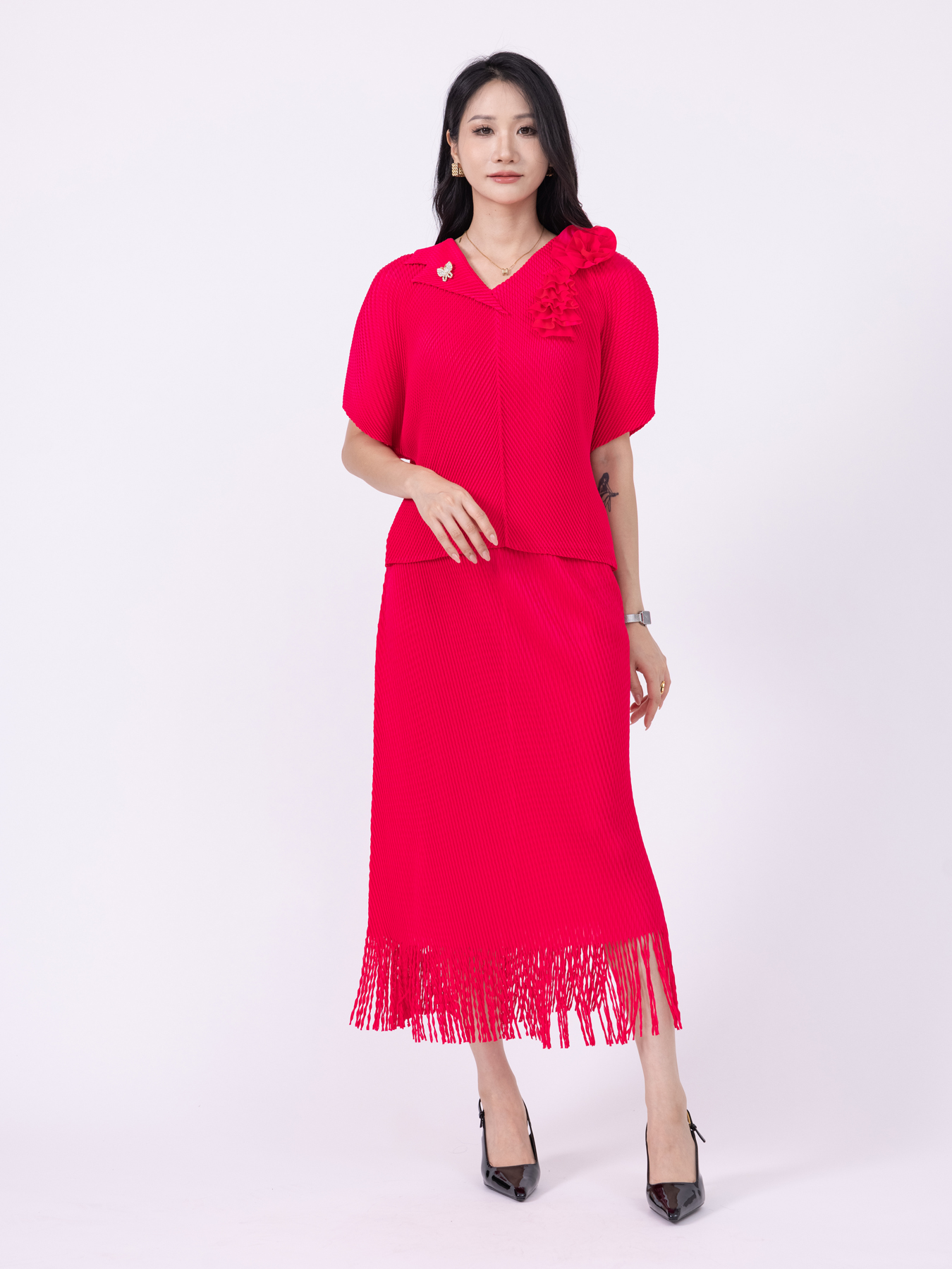 Two Piece Dress Pleated two-piece suit dress Chic Women's Pleated Ensemble: A Dapper Two-Tiered Suit Outfit for Any Occasion ZR003