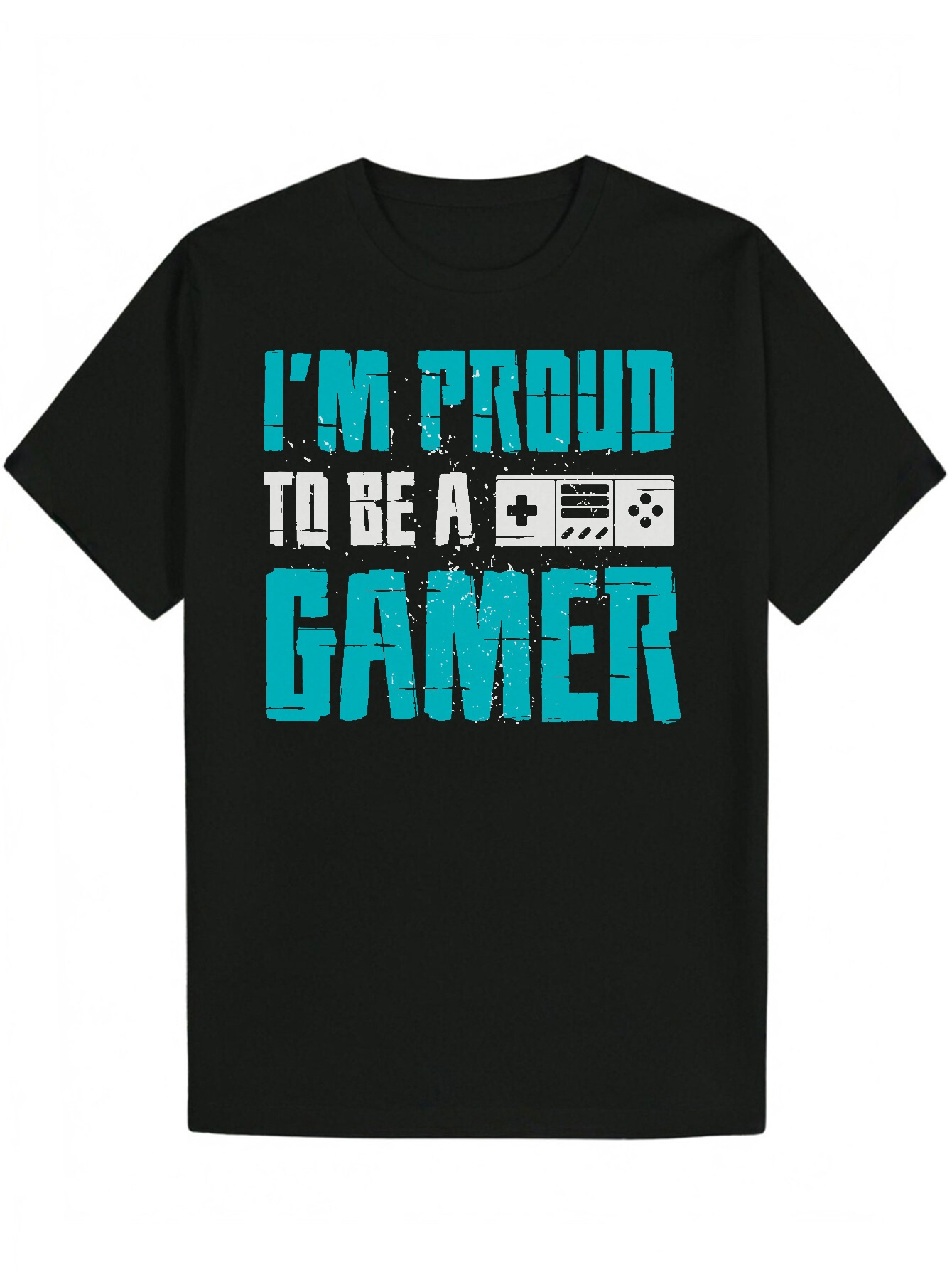 Men's Summer Graphic - "I'm Proud to Be a Gamer" Design, Black Polyester Crew Neck T-Shirt, White and Turquoise Print, Machine Was