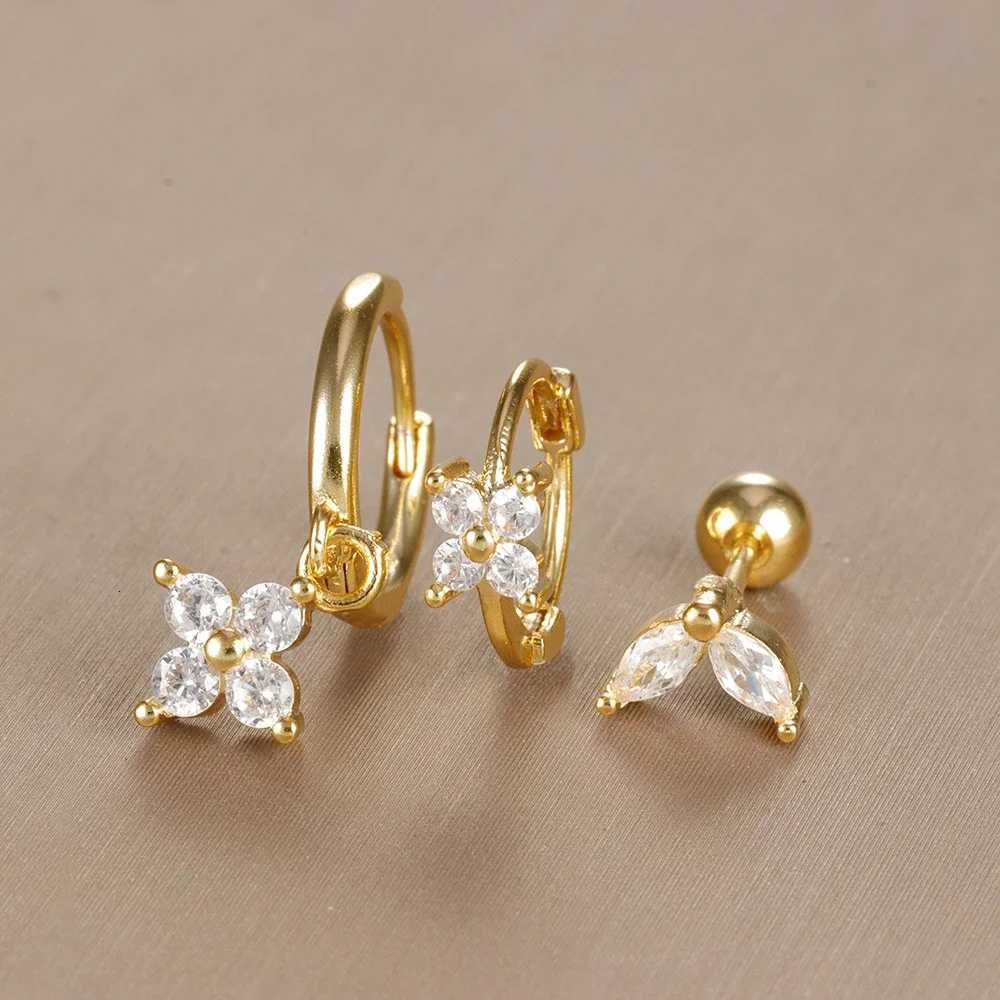 3PC Stainless Steel Zircon Flower Pendant Hoop Earrings Set for Women Tiny Huggies Cartilage Earring Set Piercing Jewelry Gifts Y250804