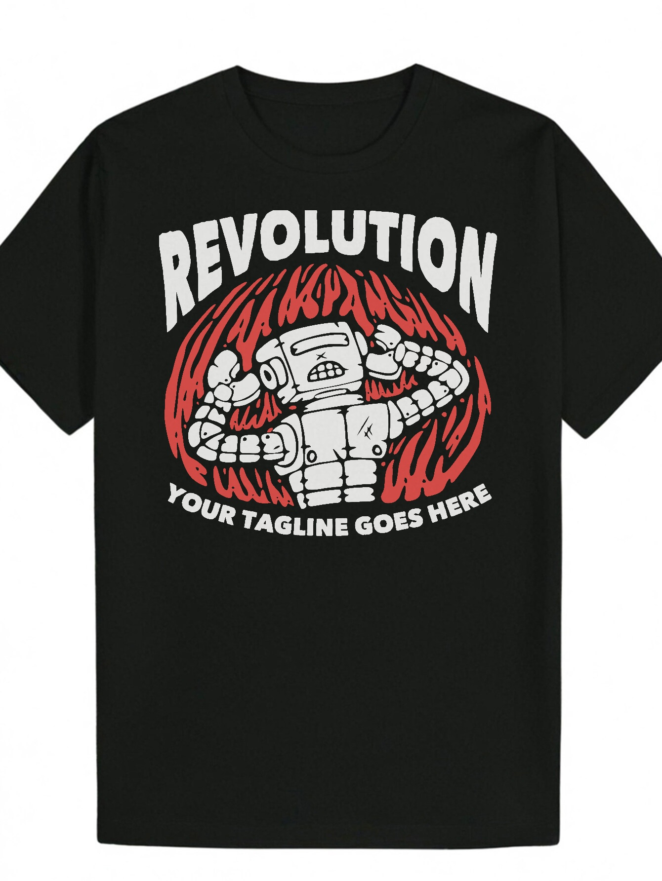Black Graphic T-Shirt - 'REVOLUTION' Robot Design, Casual Crew Neck, Short Sleeve, Men's Summer Polyester T-Shirt, Machine Washable Top