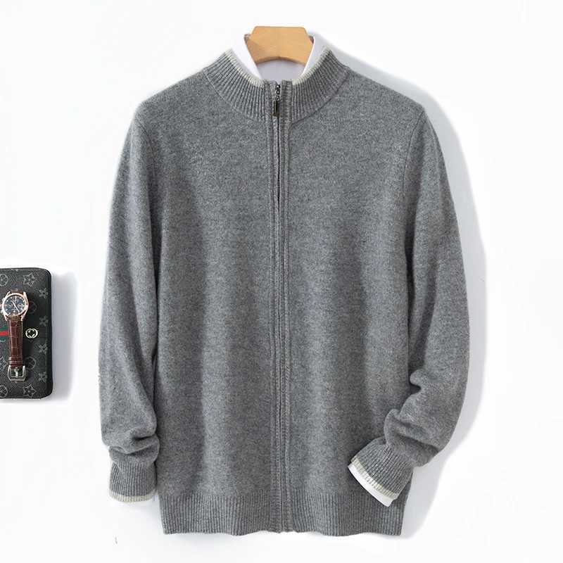 Mens 100% Merino Wool Warm Sweater Mock Collar Thickened Zippered Cardigan Autumn Winter New Cashmere Knitted Montage Tops XJ250805