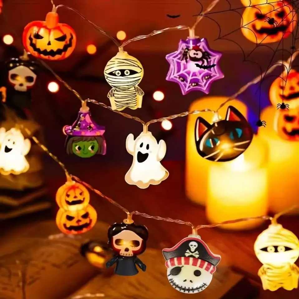 1PC Halloween 8 Elements LED String Light Battery Powered Horror Atmosphere Lighting With Ghost Witch Cat Pumpkin Spider Skeleton XJ250804