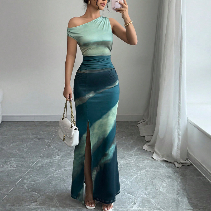 trend 2025 Summer Fashion New European and American Style Color Block Slimming Dress Asymmetric Shoulder Long Dress New Designer Dress