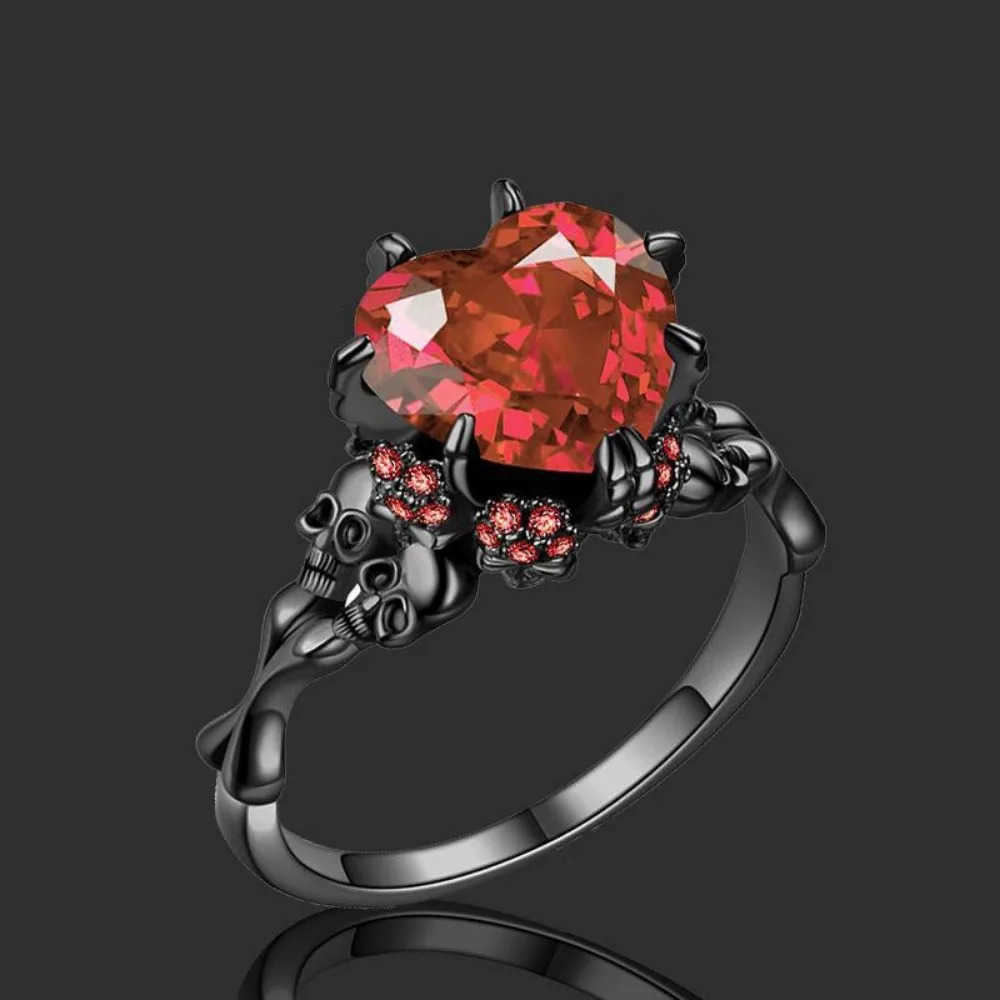 Skull Gothic Black Ring Heart-shaped Red Crystal Vampire Double Skull Rings Black for Women Party Wedding Jewelry M250805