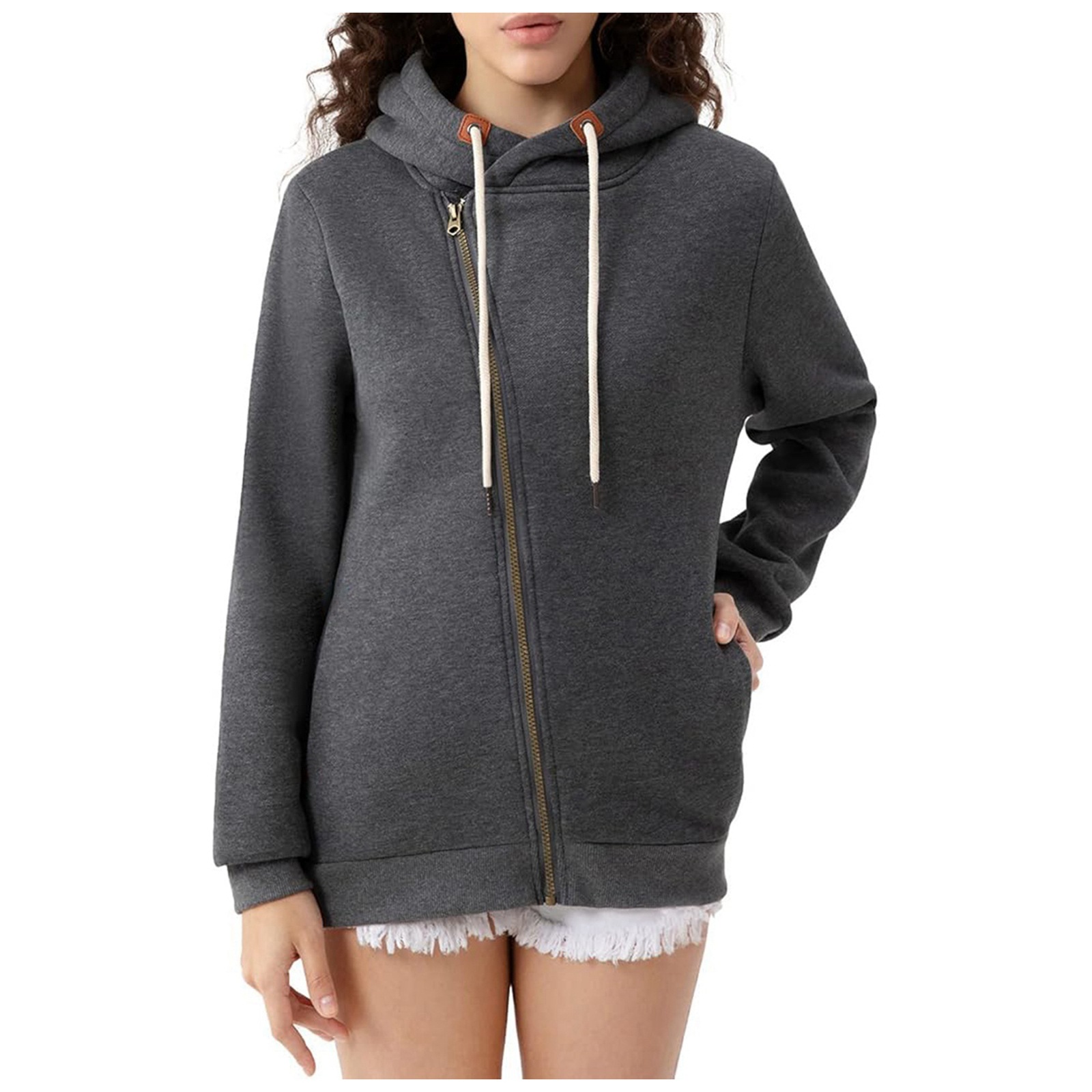 New Women's Pocket Hoodie Women's Solid Color Zipper Hoodie