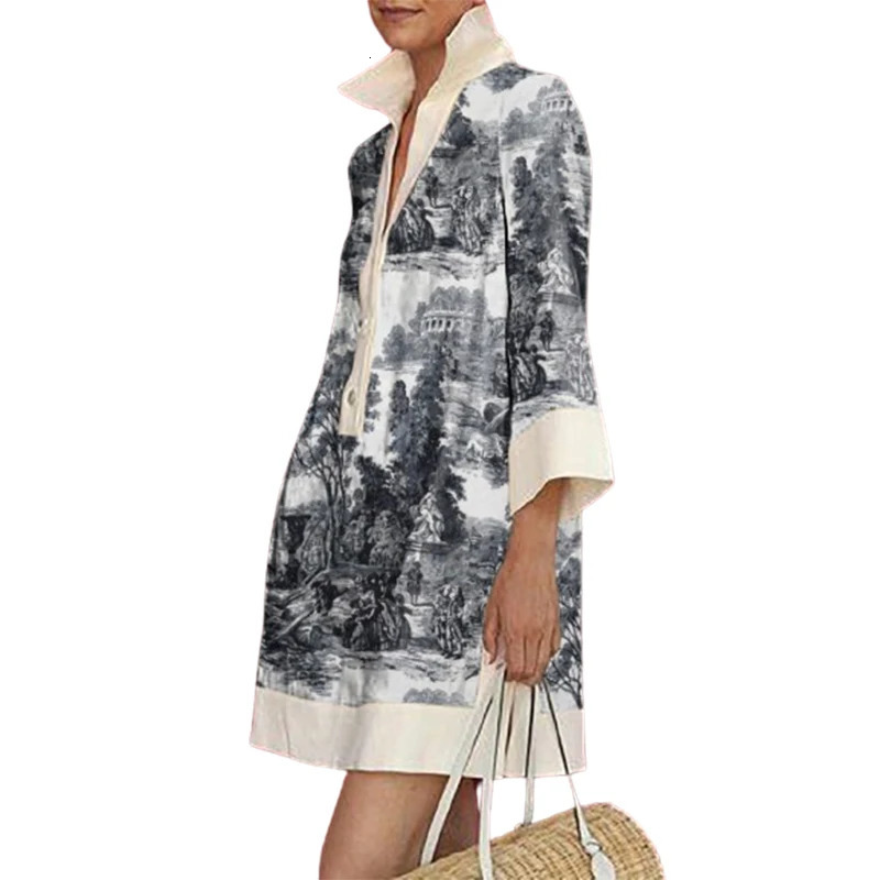 Yeezzi Female Vintage Elegant Printed Party Evening Mini Dresses 2025 Long Sleeves Loose H-line Lapel Shirts Dress For Woman 250728