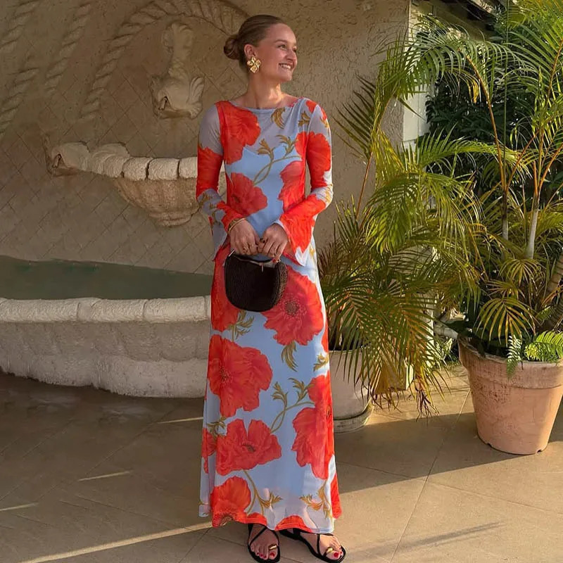 Blifanbo Print Flower Elegant Maxi Dress Women O Neck Fashion Long Sleeve Slim Sexy Print Patchwork Female Holiday Long Dress 250728