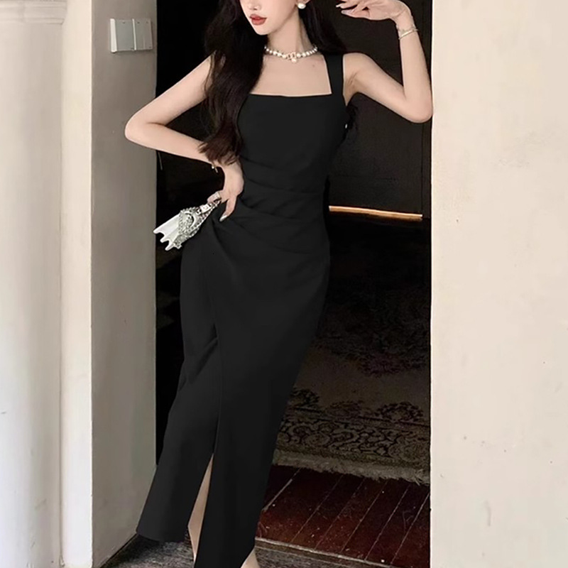2025 Summer French Elegant Social High end Long Skirt fashion Summer New Slim Fit Slim Fit Square Neck Satin Dress New Designer Dress