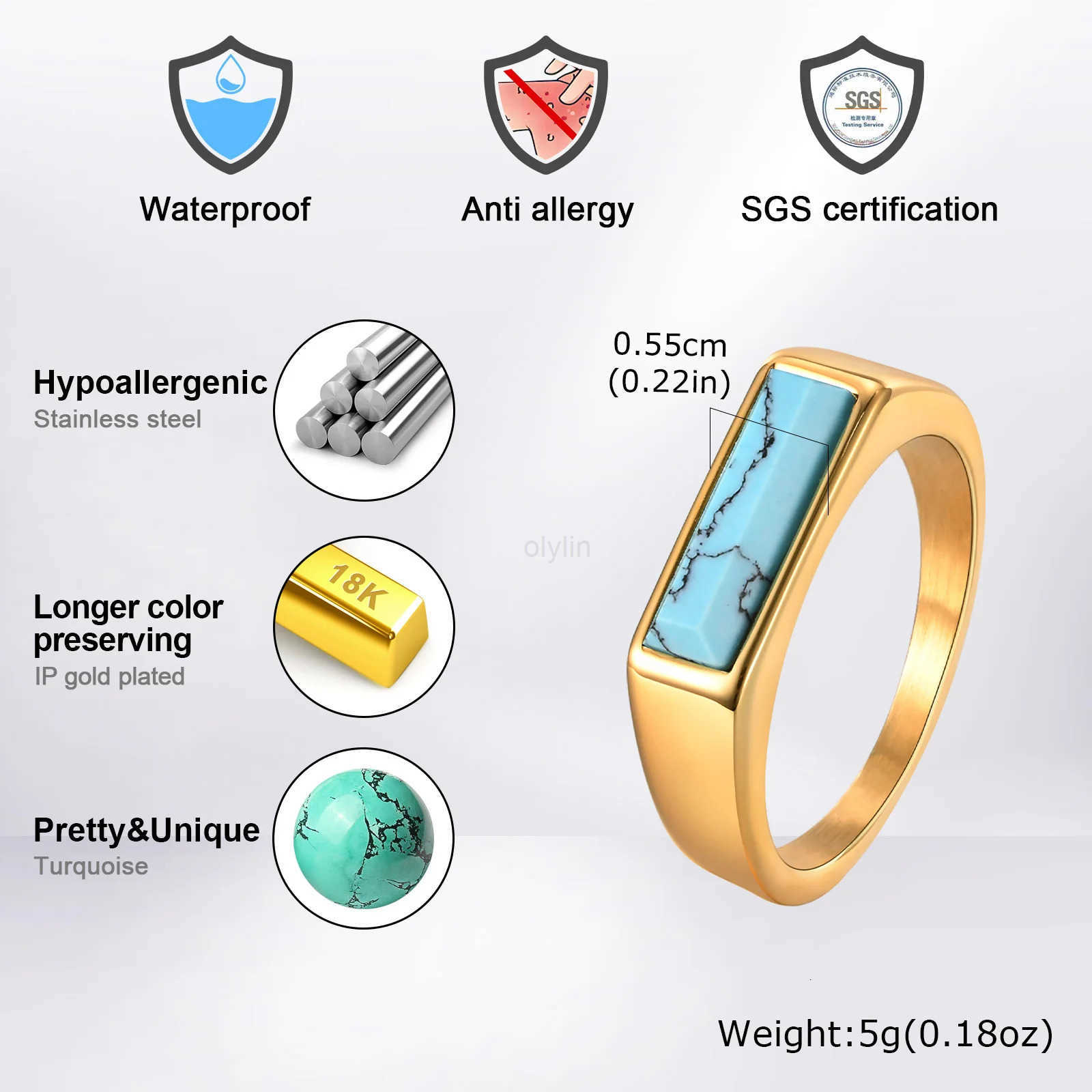 Natural Stone Signet Rings for Men Women Unisex Gold Plated Stainless Steel Finger Band Fraternal Ring Gift M250805