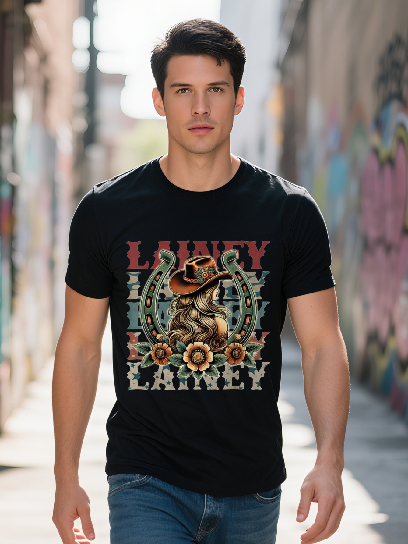 Lainey Personalized Denim Women's Name Unisex Black Small U-Neck Polyester Blend - Personalized, Animal Print Funny Pattern T-Shirt for Men and W