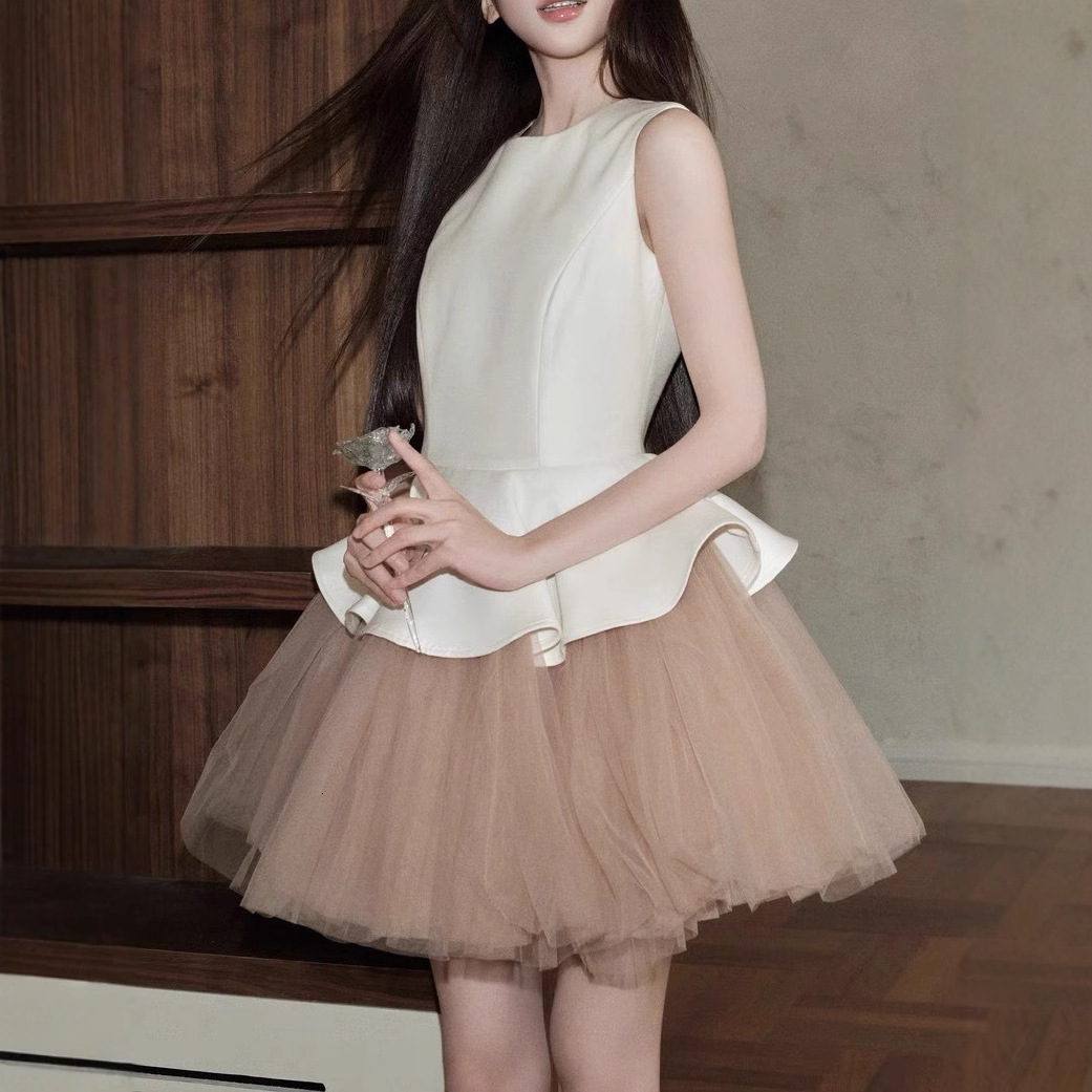 2025 Summer New Women's S fashion Dress Ballet Style Sleeveless Round Neck Patch Mesh Puff Dress Women's Summer New Designer Dress