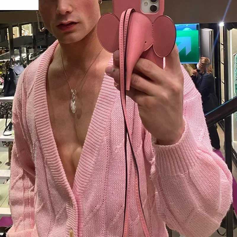 Sexy Deep V-Neck Pink Sweaters Men Fashion Loose Buttoned Long Sleeve Knit Cardigan Spring Trendy Streetwear Mens Knitwear XJ250805