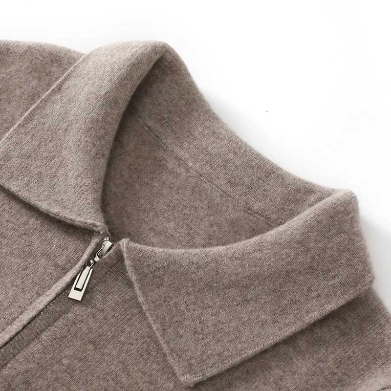 100% Merino Wool Thickened Sweater Polo Collar Business Zippered Cardigan Autumn Winter New Cashmere Jacket Knitted Top XJ250805