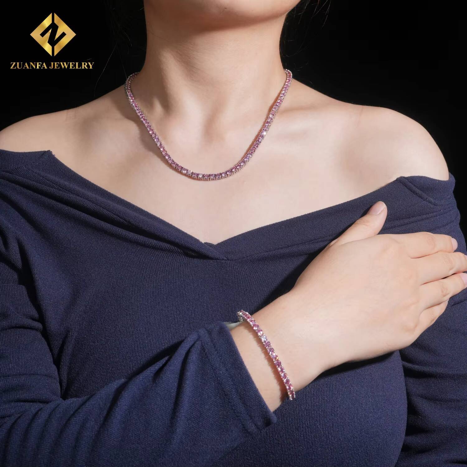 Wholesale Jewelry New Colored Iced Out Vvs Moissanite Diamond 3mm 4mm 925 Silver Pink Tennis Chain Necklace Bracelet