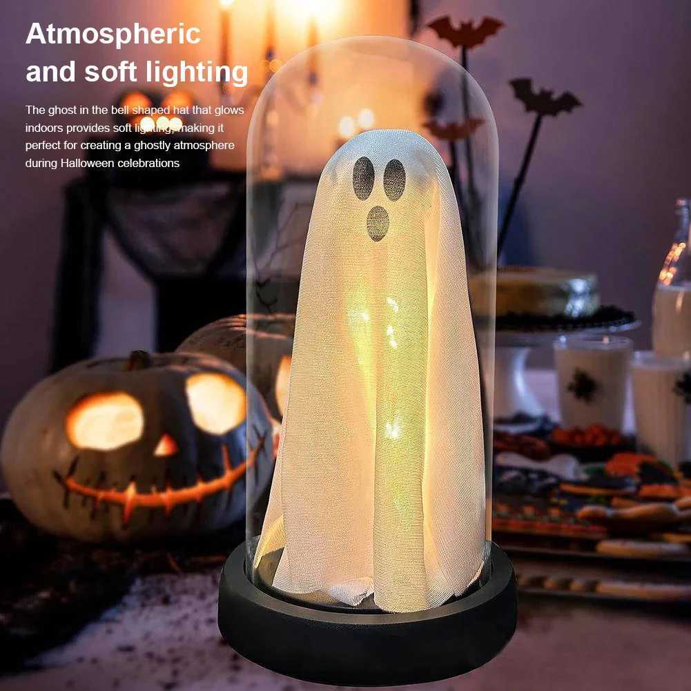 Halloween Decor Light Up Ghost in Plastic Cloche Halloween Decorations Indoor Cute Ghost with Light Halloween Ghost Night Light XJ250804