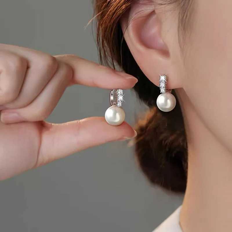 925 Sterling Silver Zircon Round 10/12mm Pearl Pendant Hoop Earrings For Women Party OL Fine Jewelry Light Luxury Accessories Y250804