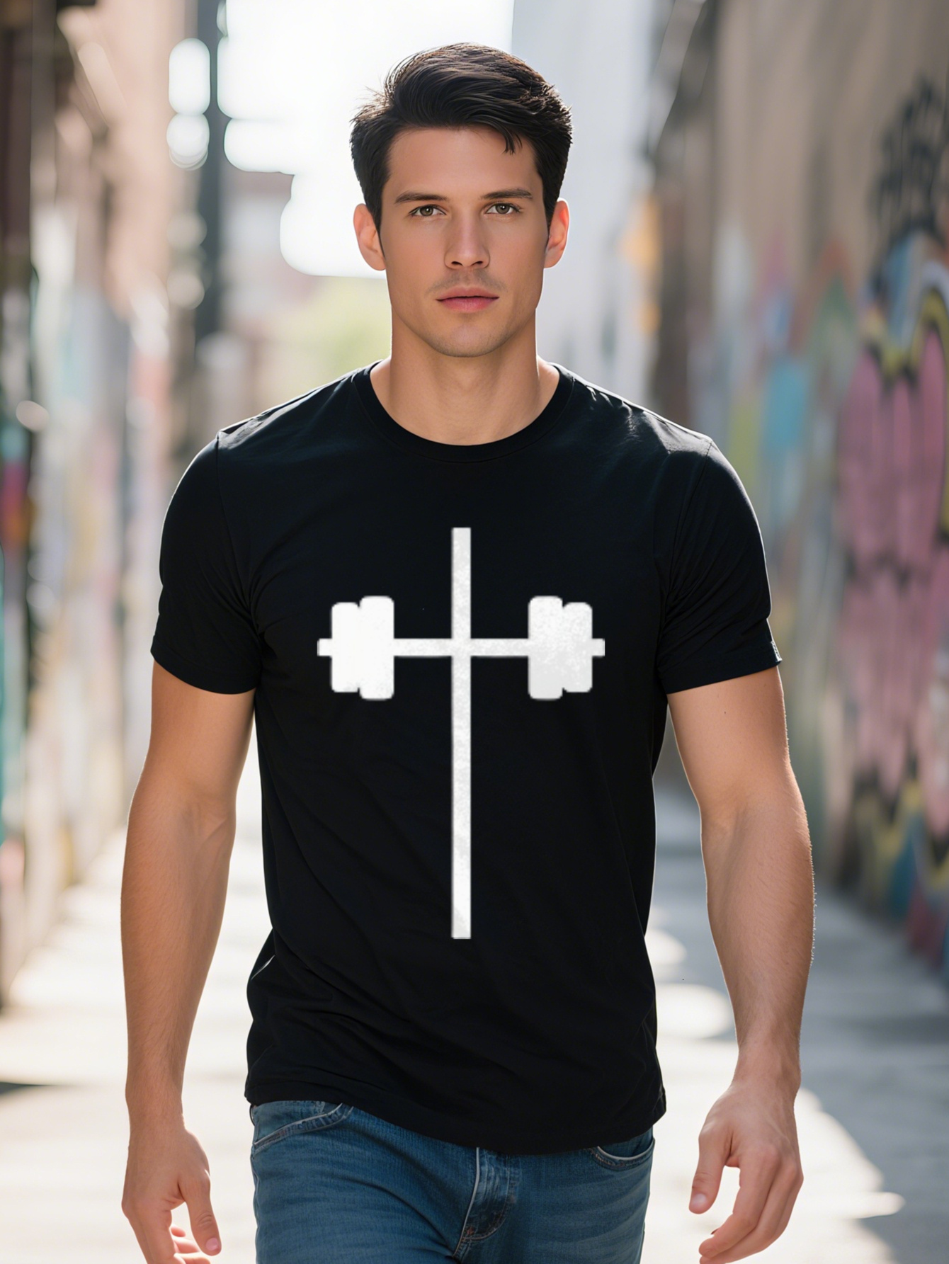 100% Cotton Men's T-Shirt Matte Black with White Cross Dumbbell Design, Crew Neck, Short Sleeve - Perfect for Gym and Casual Wear 5a572
