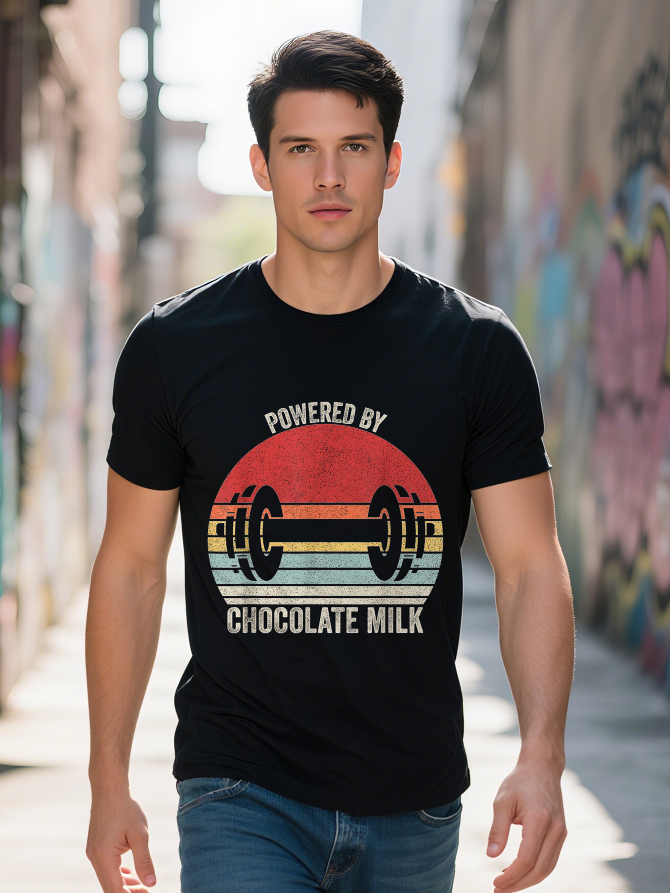 Men's Chocolate Milk Pattern T-Shirt - 100% Cotton, Weightlifting Design, Casual Fit, Short Sleeve, Crew Neck, Machine Washable b484e