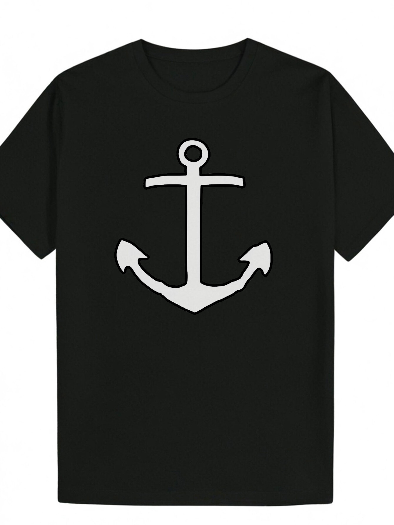 Men's Casual Summer T-Shi, White Anchor Design - Round Neck, Sho Sleeve, Polyester Fabric, Regular Fit, Nautical Theme, Beachwear|Casual Style|Po
