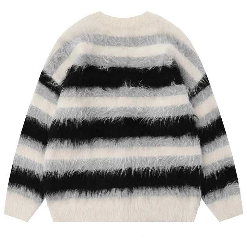 Striped Plush V-neck Sweater Mens Loose Casual Brushed Knit Trendy Couple Versatile Comfortable Harajuku High Street Cardigan XJ250805