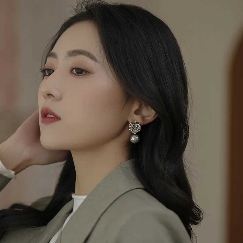 2024 New Arrival South Korea Elegant Gray Crystal Imitation Pearl Dangle Earrings For Women Fashion Sweet Jewelry Accessories Y250804