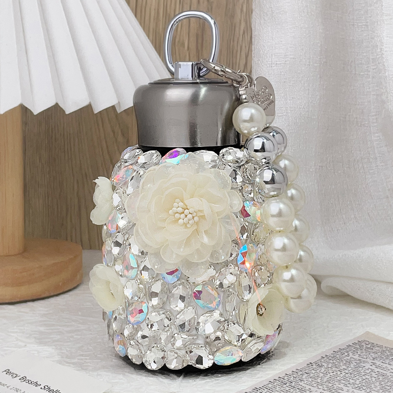 Designer Flower Water Bottle Luxury Crystal Double Wall Vacuum Reusable Coffee Cups Travel Mug Stainless Steel Insulated Thermos Tumbler with Handle P