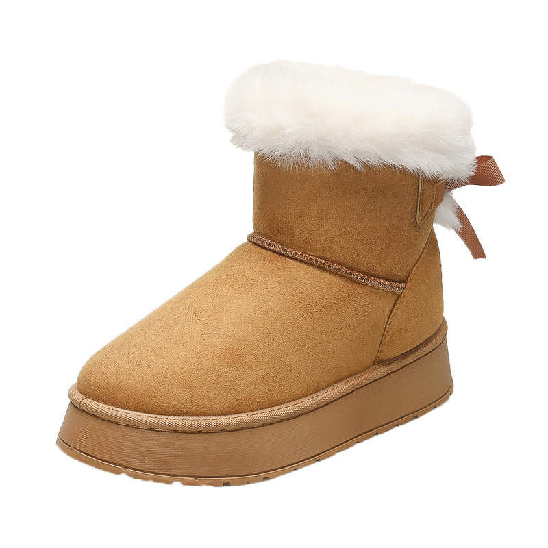 Winter new style female hair bow and plush thick warm non - slip winter cotton boots 2025s hot