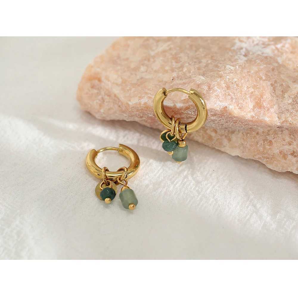 18K Gold Plated Stainless Steel Hoop Earrings for Women Vintage Green Natural Stone Charms Trendy Waterproof Jewelry Y250804